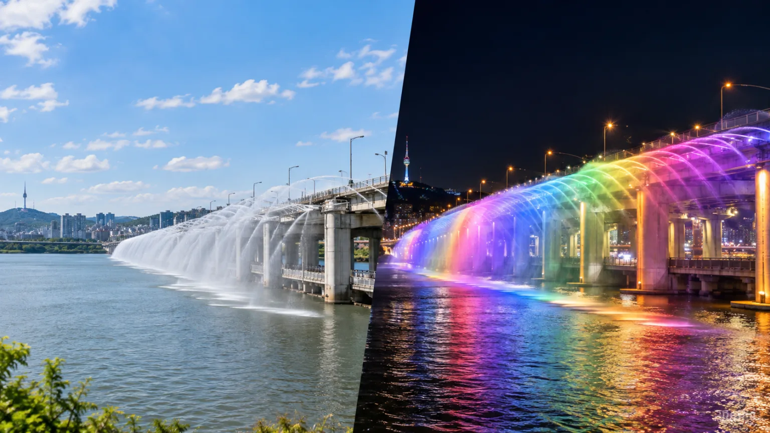 Banpo Bridge Moonlight Rainbow Fountain daytime and nighttime view