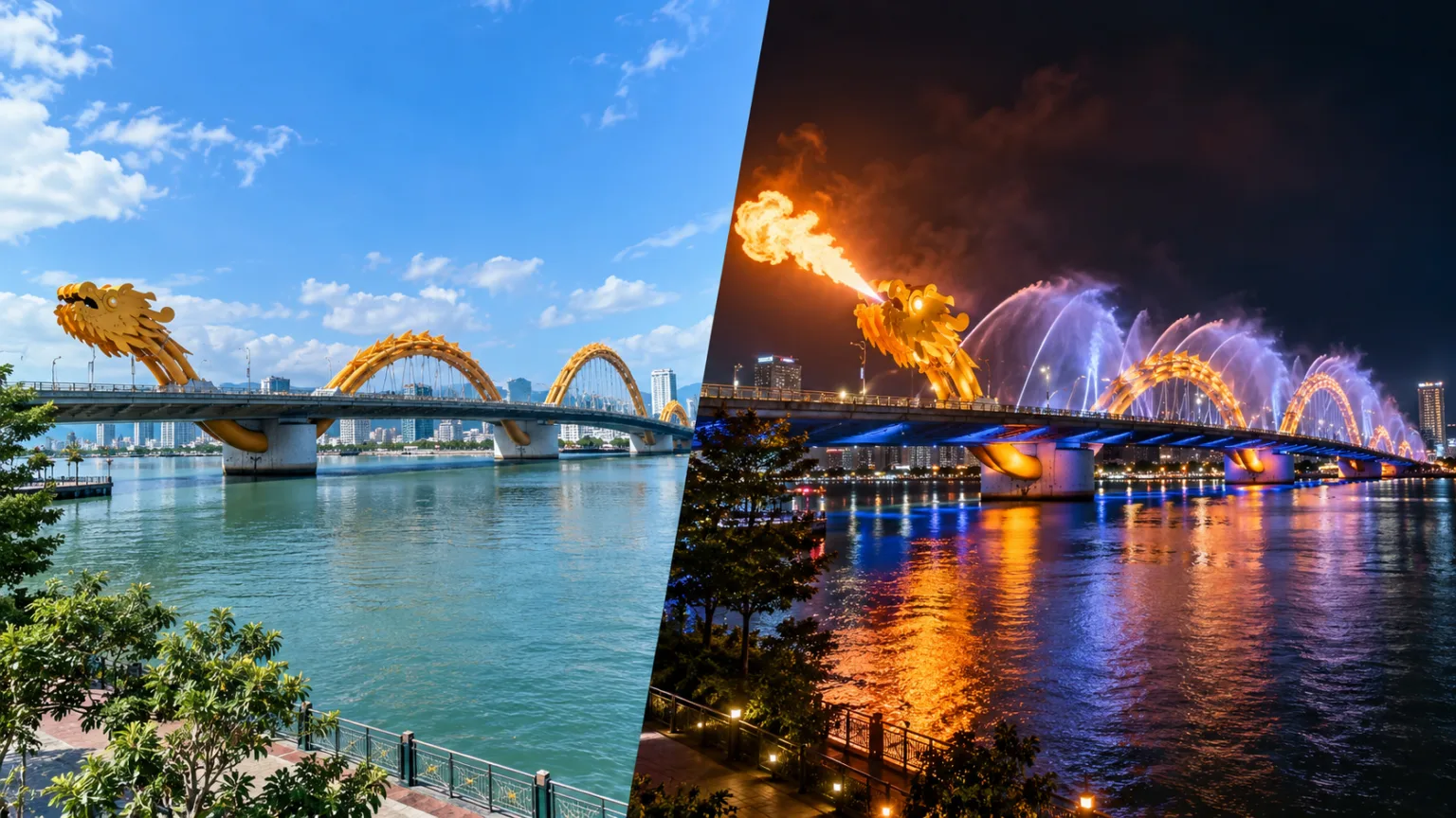 Dragon Bridge Fire and Water Show daytime and nighttime view