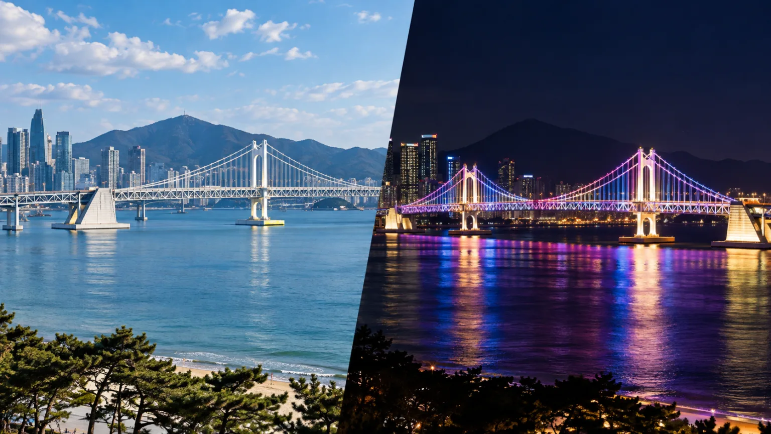 Gwangandaegyo Bridge Event Light Show daytime and nighttime view