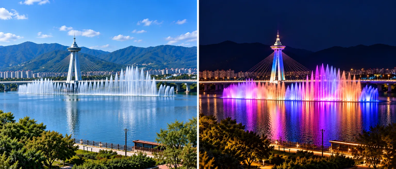 Yedangho Suspension Bridge Musical Fountain daytime and nighttime view